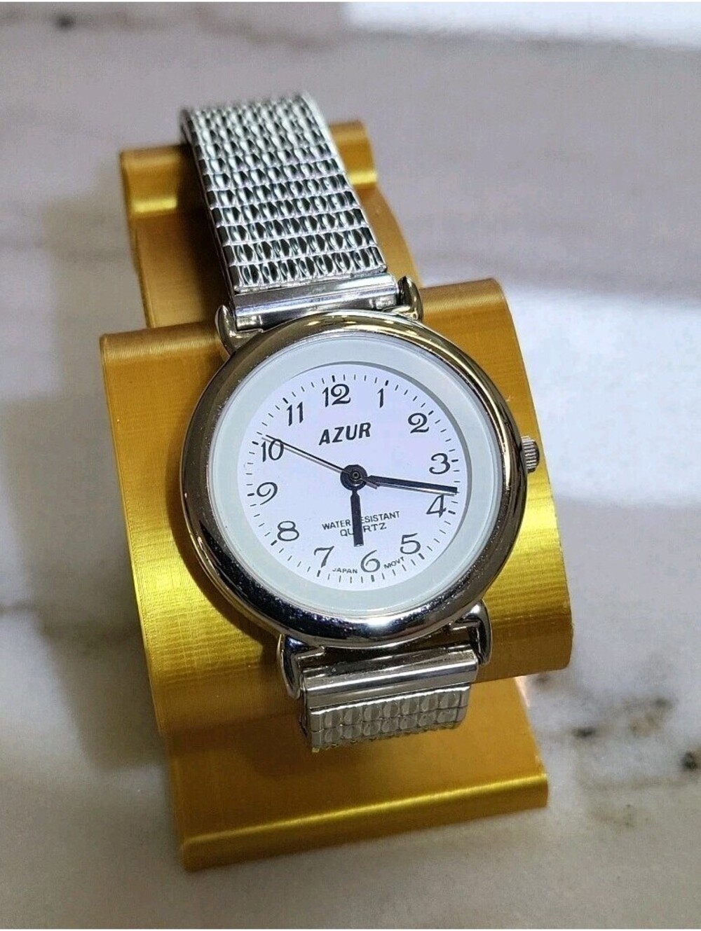 Vtg Azur Womans Watch New Battery Silvertone Stretch Bracelet 32mm Works EUC